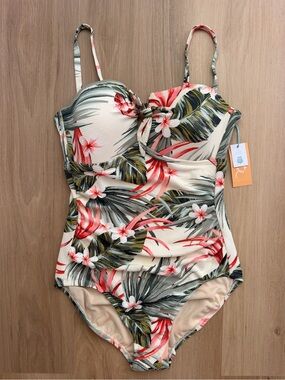 Kona Sol Tropical Floral One Piece Swimsuit Medium NWT Tummy Control